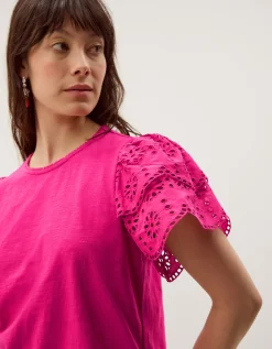 Bev Broderie Sleeve Jersey T-Shirt Pink