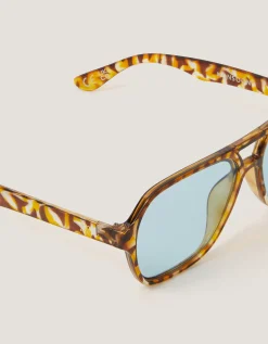 Blue-Tinted Tort Aviator Sunglasses