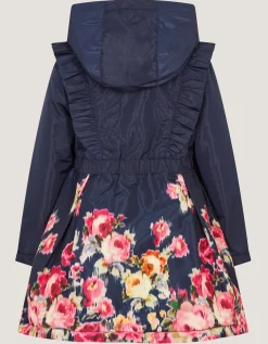 Blurred Floral Print Coat Blue