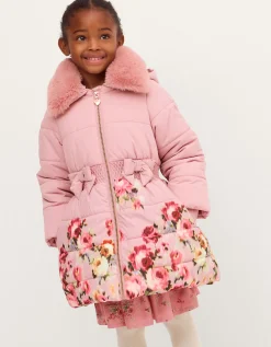 Blurred Floral Print Puffer Coat Pink