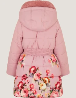 Blurred Floral Print Puffer Coat Pink