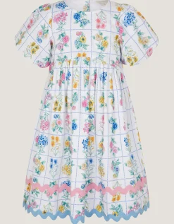 Bonnie Puff Sleeve Checkerboard Floral Dress Ivory