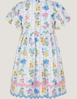 Bonnie Puff Sleeve Checkerboard Floral Dress Ivory