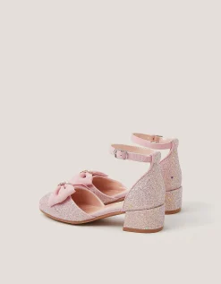 Bow Glitter Chunky Heels Pink
