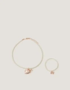 Bow Locket Pearl Necklace & Bracelet Set