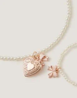 Bow Locket Pearl Necklace & Bracelet Set