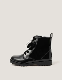 Bow Patent Lace-Up Boots Black