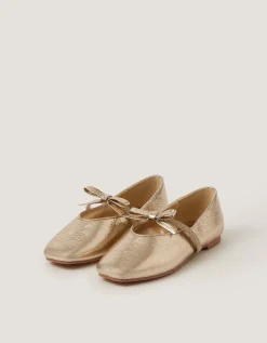 Bow Strap Metallic Ballet Flats Gold