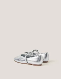 Bow Strap Metallic Ballet Flats Silver
