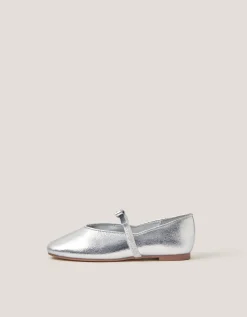 Bow Strap Metallic Ballet Flats Silver