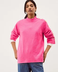 Breda Funnel Neck Button Jumper Pink