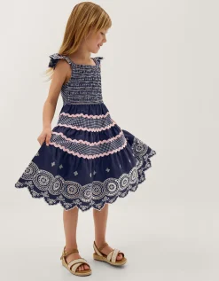 Broderie Smocked Jersey Dress Blue