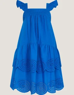 Broderie Tiered Cotton Dress Blue