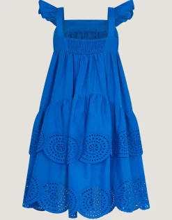 Broderie Tiered Cotton Dress Blue