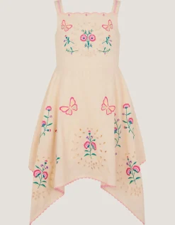 Butterfly Embroidered Hanky Hem Dress Ivory