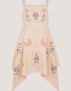 Butterfly Embroidered Hanky Hem Dress Ivory