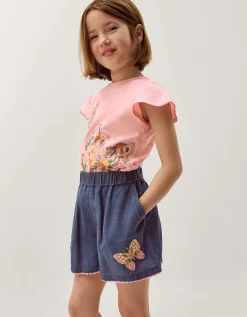 Butterfly Embroidered Pull On Shorts Blue