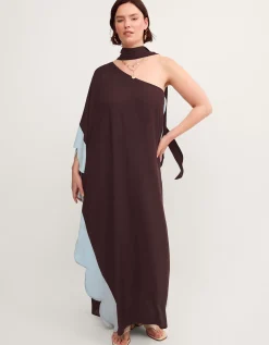 Callie Thorpe x Monsoon One-Shoulder Scallop Kaftan Dress & Scarf​ Brown