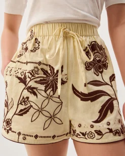 Carly Tropical Embroidered Shorts Ivory