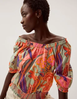 Carmen Bardot Floral Print Top Green