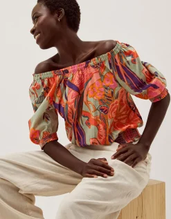 Carmen Bardot Floral Print Top Green