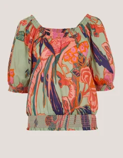 Carmen Bardot Floral Print Top Green