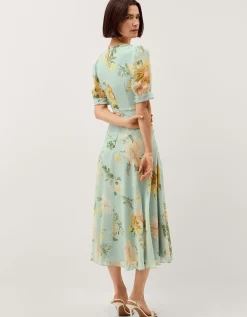 Carris Puff Sleeve Floral Midi Dress Green