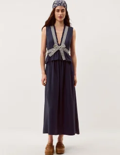 Cece V-Neck Stripe Bow Midi Dress Blue
