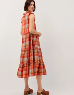 Cecily Check Print Tiered Midi Dress Orange