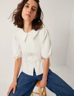 Celia Puff Sleeve Collar Jersey Blouse Ivory