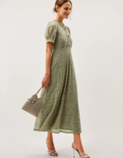 Celina Puff Sleeve Lace Midi Dress Green