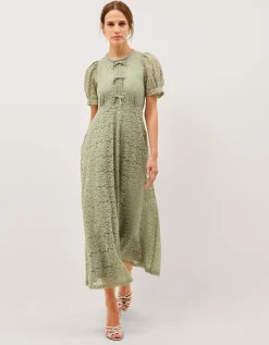 Celina Puff Sleeve Lace Midi Dress Green