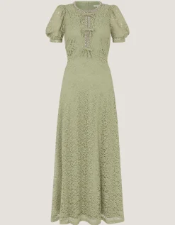 Celina Puff Sleeve Lace Midi Dress Green