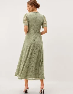 Celina Puff Sleeve Lace Midi Dress Green
