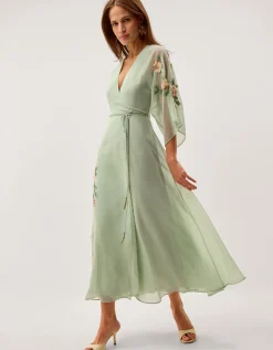 Clara Floral Embellished Midi Wrap Dress Green