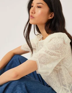 Clara Sheer Embroidered Top Ivory