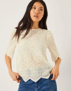 Clara Sheer Embroidered Top Ivory