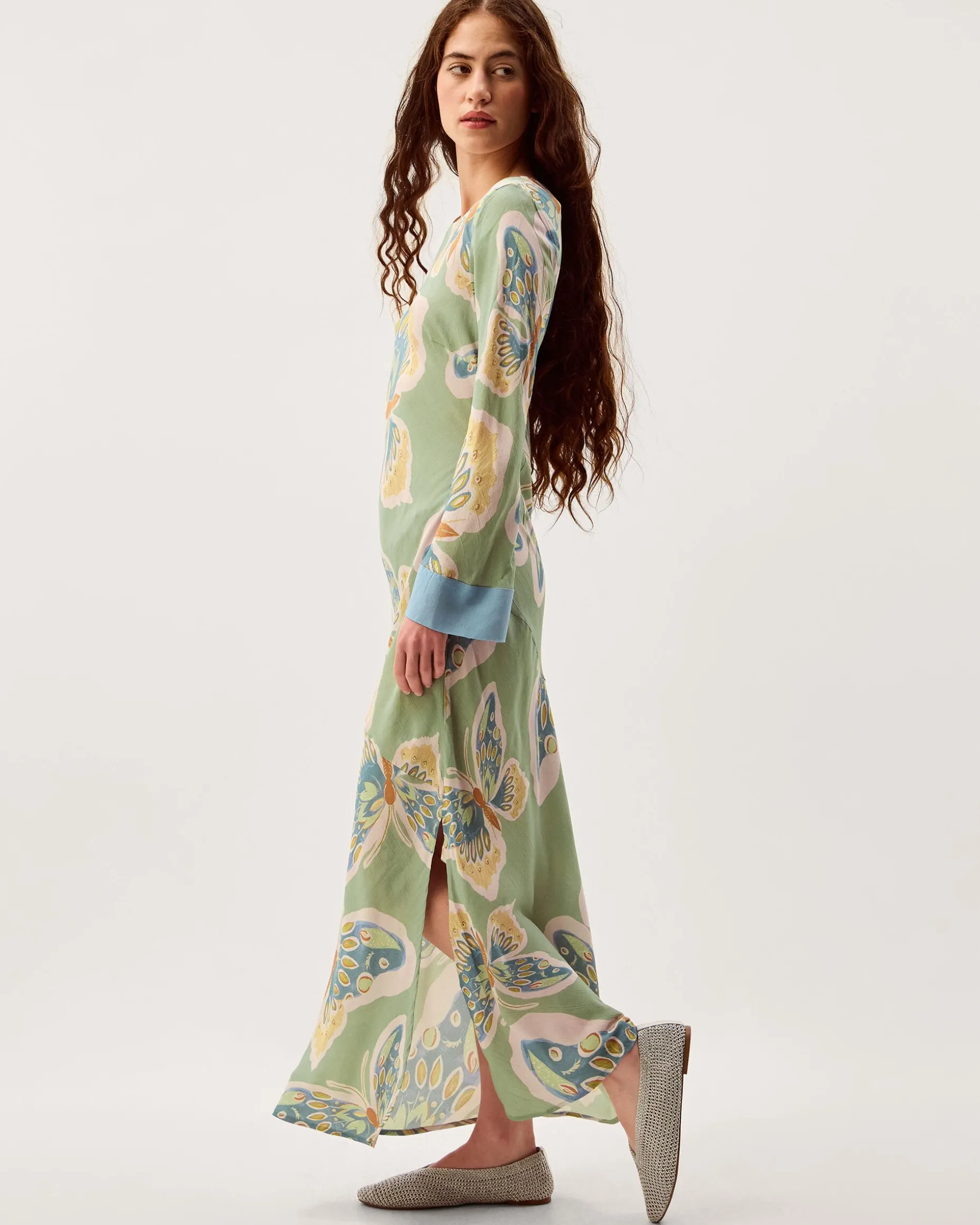 Clemence Aurelie Butterfly Long Sleeve Maxi Dress Green
