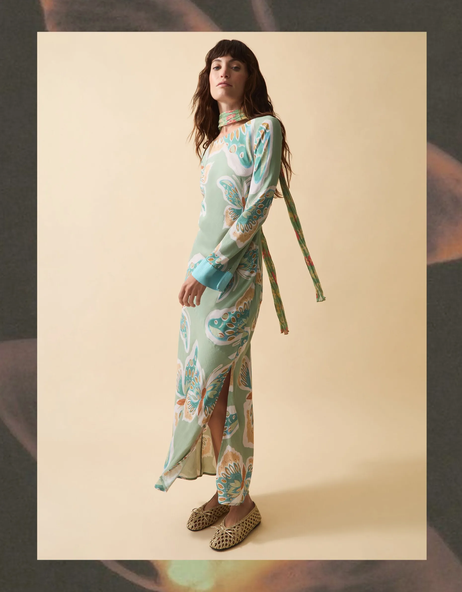 Clemence Aurelie Butterfly Long Sleeve Maxi Dress Green