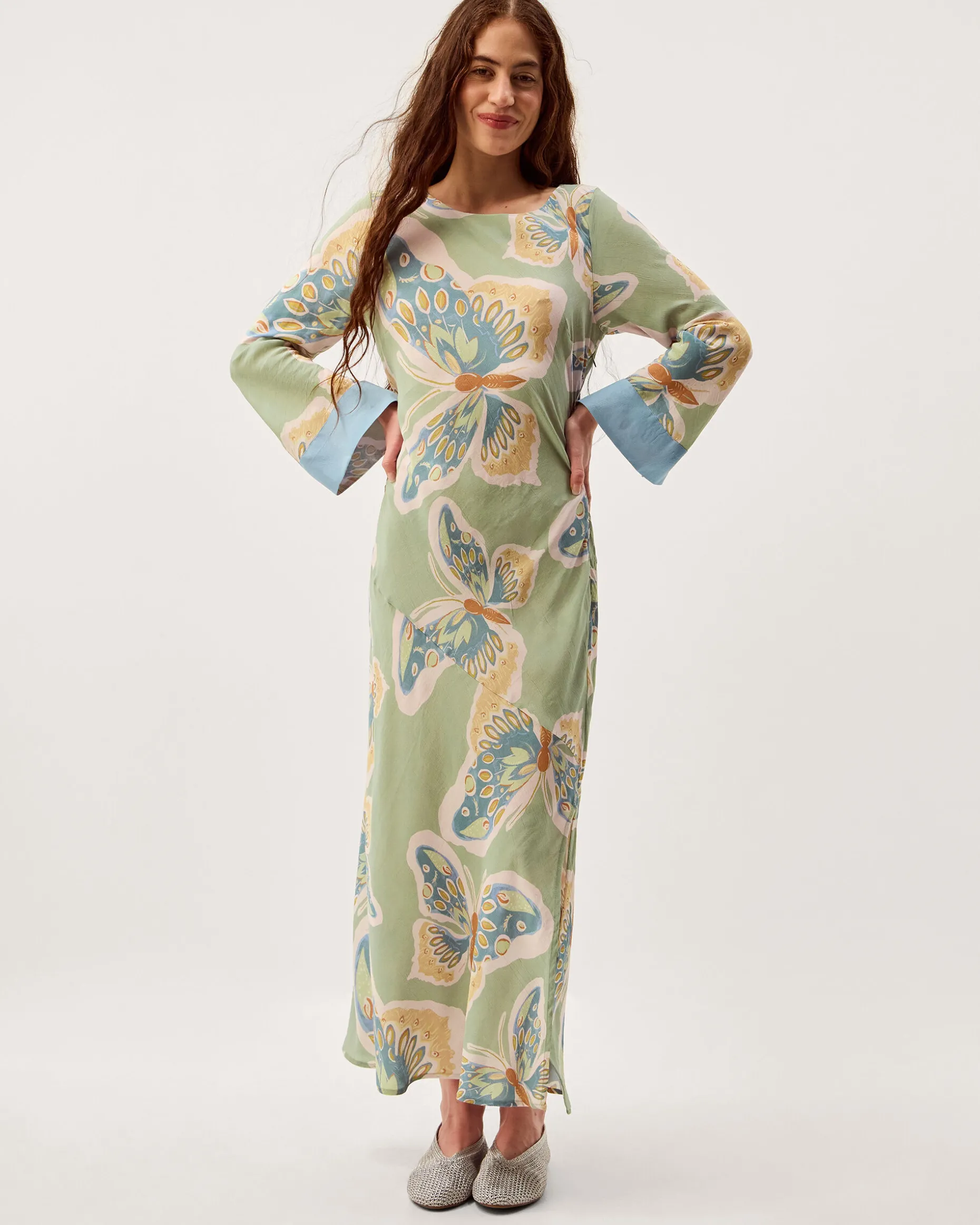 Clemence Aurelie Butterfly Long Sleeve Maxi Dress Green