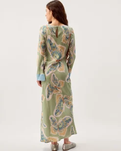 Clemence Aurelie Butterfly Long Sleeve Maxi Dress Green