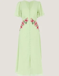 Coraline Floral Embroidered Midi Dress Green