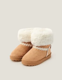 Crochet Bow Fluffy Ankle Boots Natural