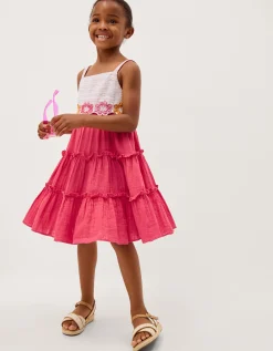 Crochet Flower Tiered Dress Pink