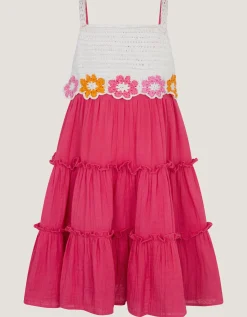 Crochet Flower Tiered Dress Pink
