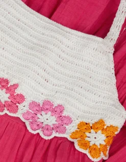 Crochet Flower Tiered Dress Pink