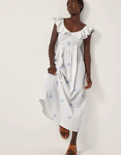Daisy Frill Embroidered Midi Dress White
