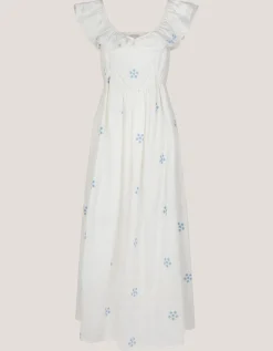 Daisy Frill Embroidered Midi Dress White