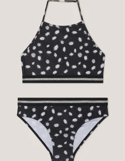 Daisy Print Halter Bikini Set Black