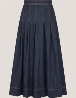 Darcie Pleated Denim Midi Skirt Blue